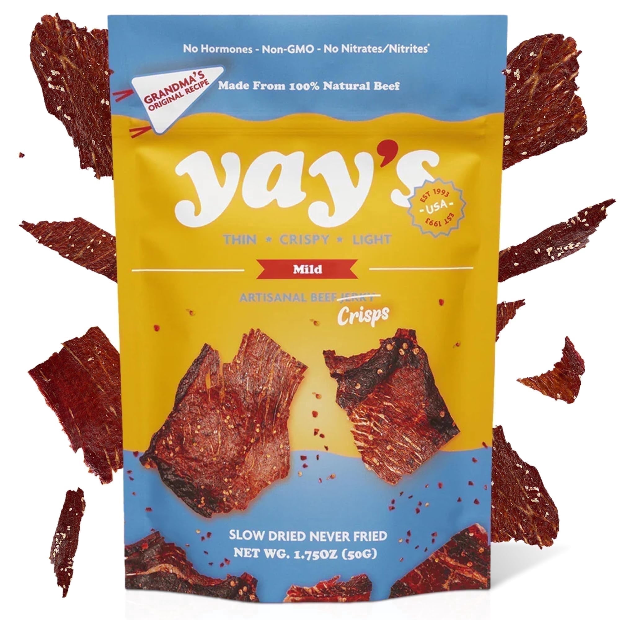 Yay's Snacks Sweet and Spicy Beef Crisps | High-Protein Ready-to-Eat Crispy Crunchy Chipped beef | Mild Beef Jerky with 24g Protein per Bag, Non-GMO Healthy Meat Snack, Made in USA pack of 1(1.75 oz)