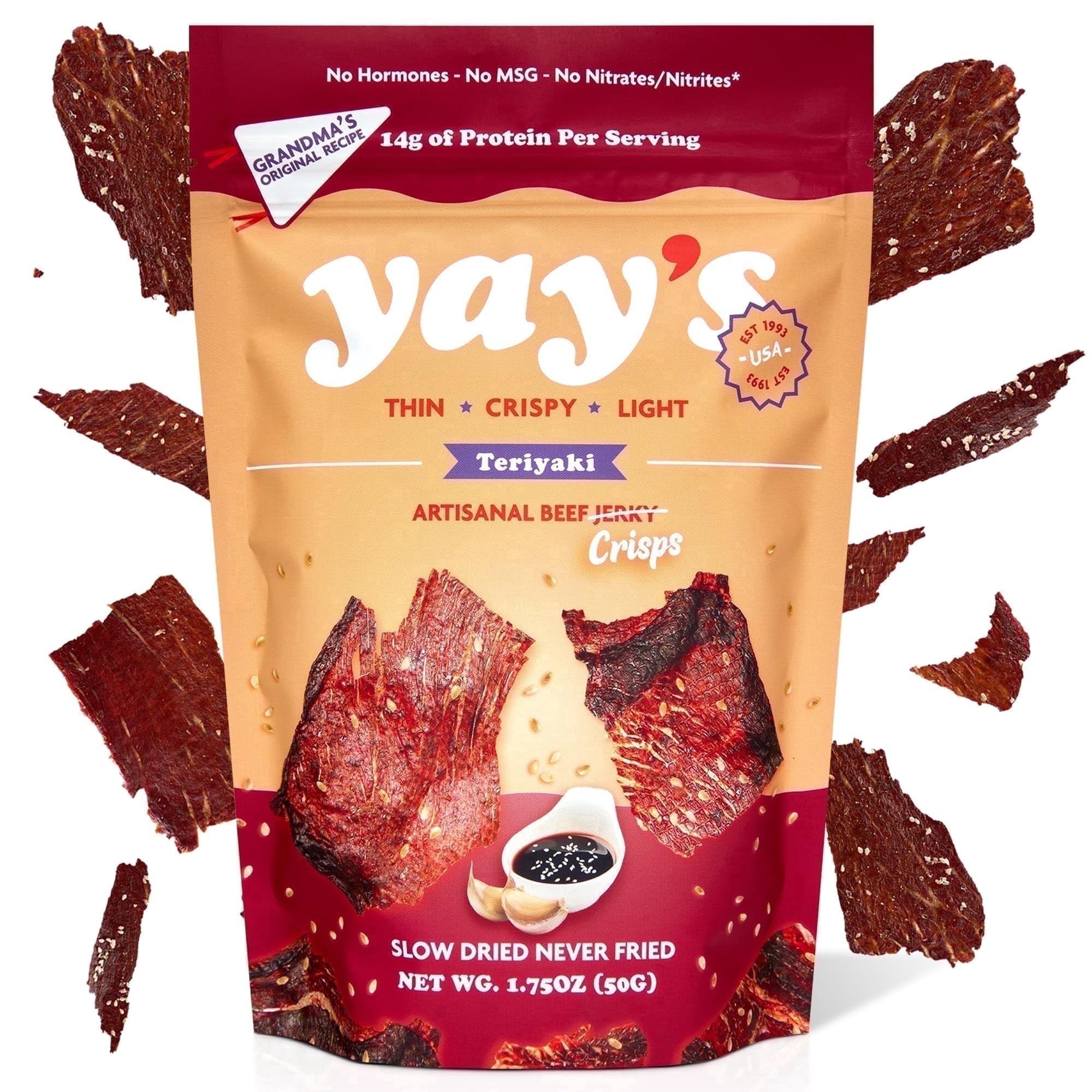 Yay's Snacks Sweet and Spicy Beef Crisps, High-Protein Ready-to-Eat Crispy Crunchy Chipped beef, Teriyaki Beef Jerky with 28g Protein per Bag, Non-GMO Healthy Meat Snack, USA-Made pack of 1(1.75 oz)