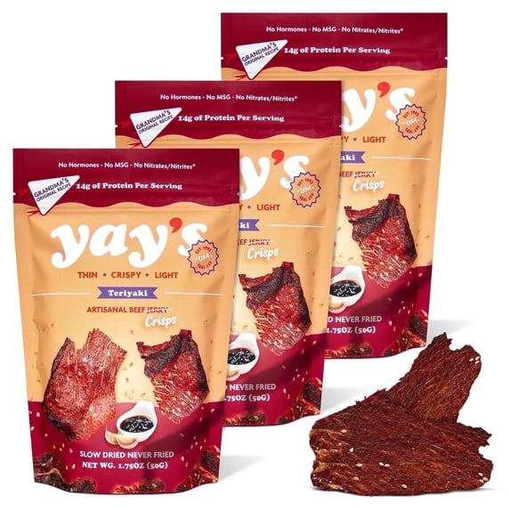 Yay's Snacks Sweet & Savory Beef Crisps, High-Protein Ready-to-Eat Crispy Crunchy Chipped beef, Teriyaki Beef Jerky with 28g Protein per Bag, Non-GMO Healthy Meat Snack, USA-Made pack of 3 (1.75 oz)