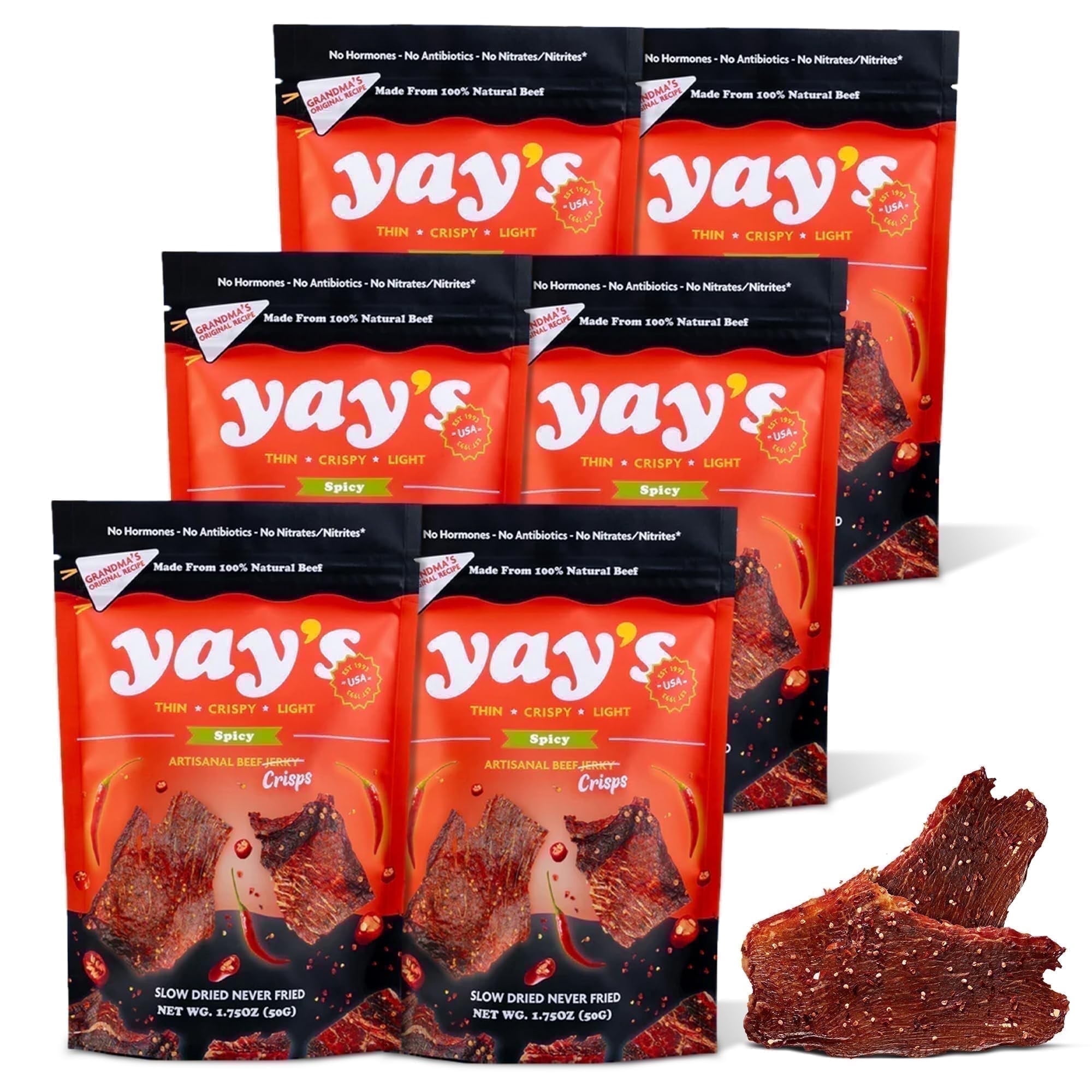 Yay's Snacks Sweet and Spicy Beef Crisps | High-Protein Ready-to-Eat Crispy Crunchy Chipped beef | Spicy Beef Jerky with 24g Protein per Bag, Non-GMO Healthy Meat Snack, Made in USA pack of 6(1.75 oz