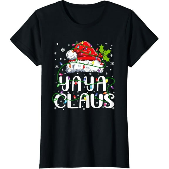 Yaya Claus Christmas Santa Hat Matching Family Xmas Lights T-Shirt