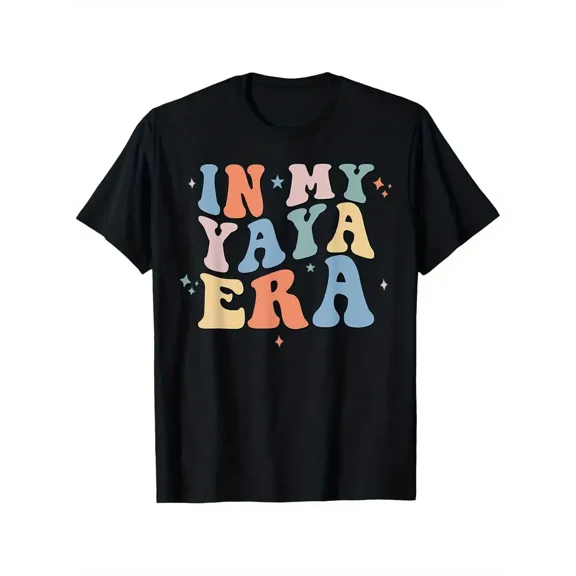 In My Yaya Era Retro Groovy Mother's Day T-Shirt - 100% Cotton Casual Short Sleeve Tee with Colorful Geometric Lettering & Star Design, Regular Fit, Machine Washable, S-XXXL