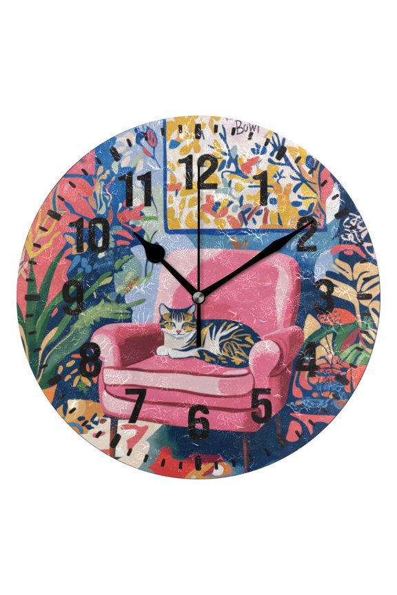 10" Wall Clock Battery Operated Quartz Round Silent Non-Ticking Home Decor, Art Cat
