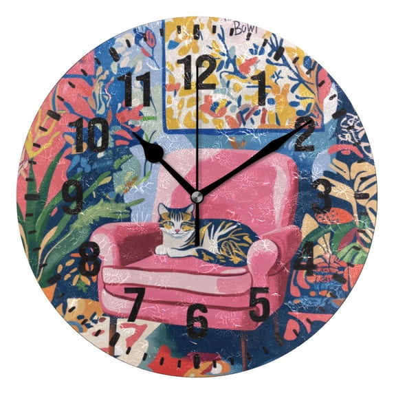Yayeee 10" Wall Clock Battery Operated Quartz Round Silent Non-Ticking Home Decor, Art Cat