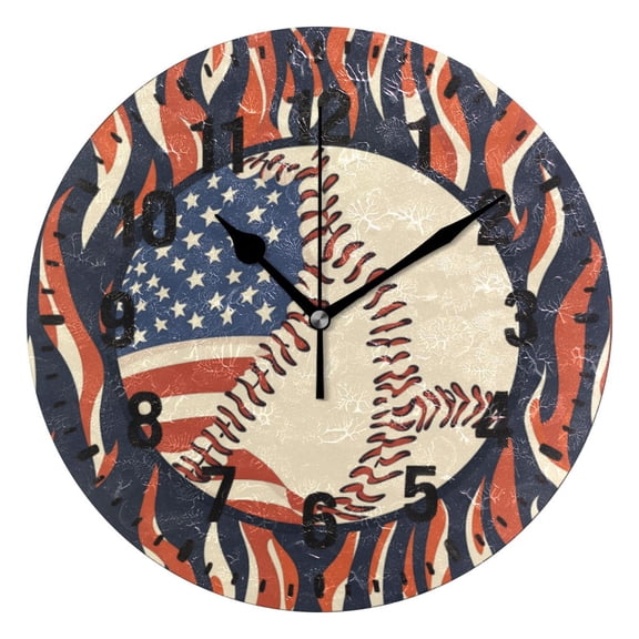 Yayeee 10" Wall Clock Battery Operated Quartz Round Silent Non-Ticking Home Decor, Baseball Pattern