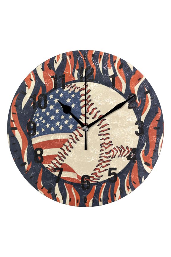 10" Wall Clock Battery Operated Quartz Round Silent Non-Ticking Home Decor, Baseball Pattern