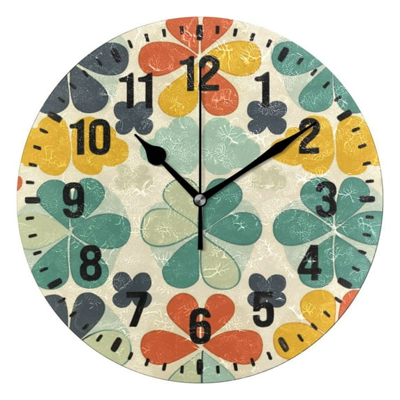 Yayeee 10" Wall Clock Battery Operated Quartz Round Silent Non-Ticking Home Decor,Beige Clover Pattern