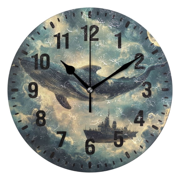 Yayeee 10" Wall Clock Battery Operated Quartz Round Silent Non-Ticking Home Decor, Beige Floating Whale
