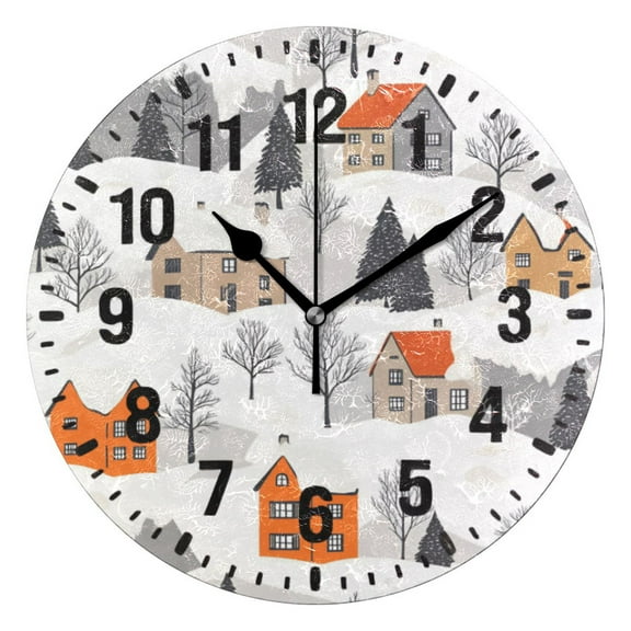 Yayeee 10" Wall Clock Battery Operated Quartz Round Silent Non-Ticking Home Decor,Beige Snow Houses
