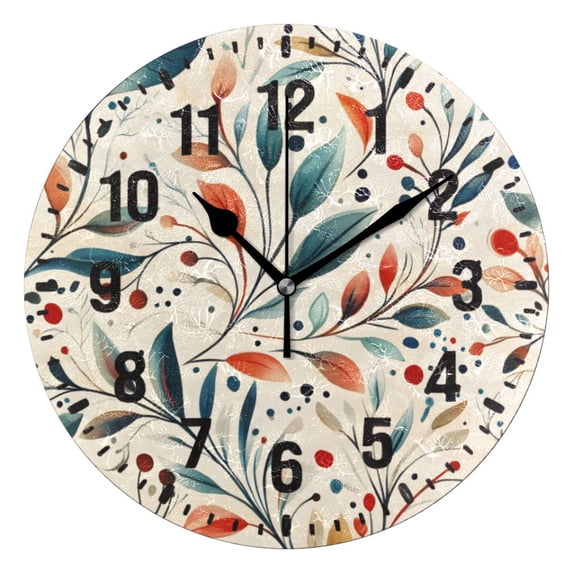 Yayeee 10" Wall Clock Battery Operated Quartz Round Silent Non-Ticking Home Decor, Beige Whimsical Leaves