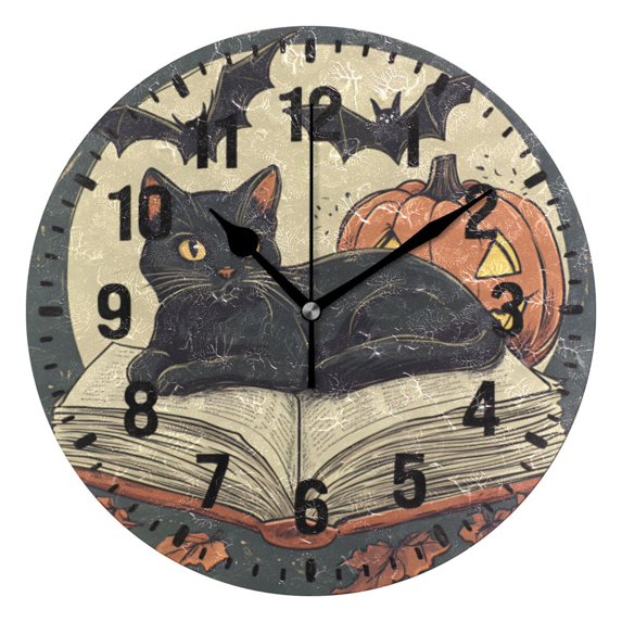 Yayeee 10" Wall Clock Battery Operated Quartz Round Silent Non-Ticking Home Decor,Black Halloween Cat