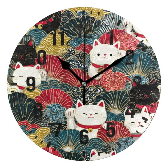 Yayeee 10" Wall Clock Battery Operated Quartz Round Silent Non-Ticking Home Decor,Black Lucky Cat
