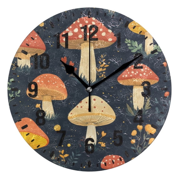 Yayeee 10" Wall Clock Battery Operated Quartz Round Silent Non-Ticking Home Decor, Black Mushroom Pattern