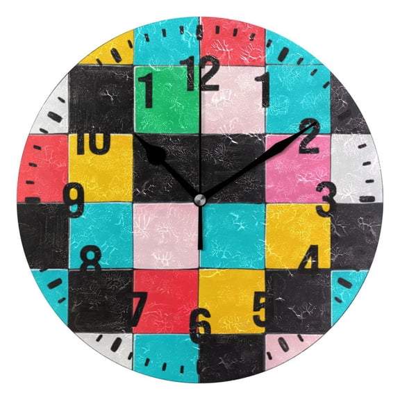 Yayeee 10" Wall Clock Battery Operated Quartz Round Silent Non-Ticking Home Decor,Blue Checkered Pattern