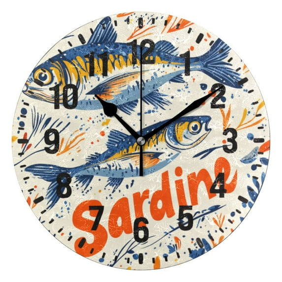 Yayeee 10" Wall Clock Battery Operated Quartz Round Silent Non-Ticking Home Decor,Blue Sardines Pattern