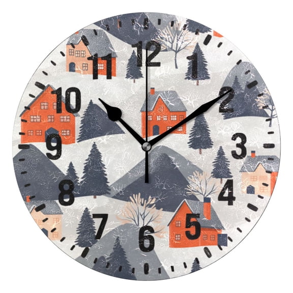 Yayeee 10" Wall Clock Battery Operated Quartz Round Silent Non-Ticking Home Decor, Blue Snow Houses