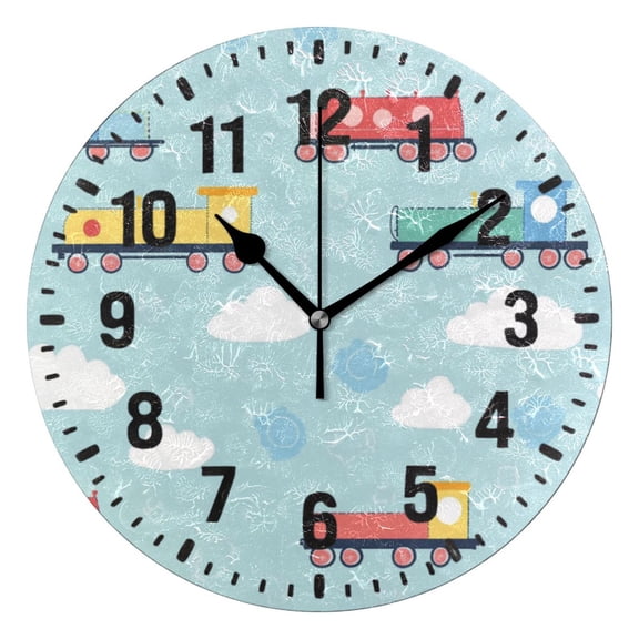 Yayeee 10" Wall Clock Battery Operated Quartz Round Silent Non-Ticking Home Decor,Blue Trains Pattern