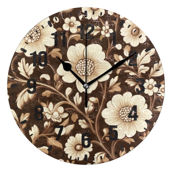 Yayeee 10" Wall Clock Battery Operated Quartz Round Silent Non-Ticking Home Decor, Brown Floral