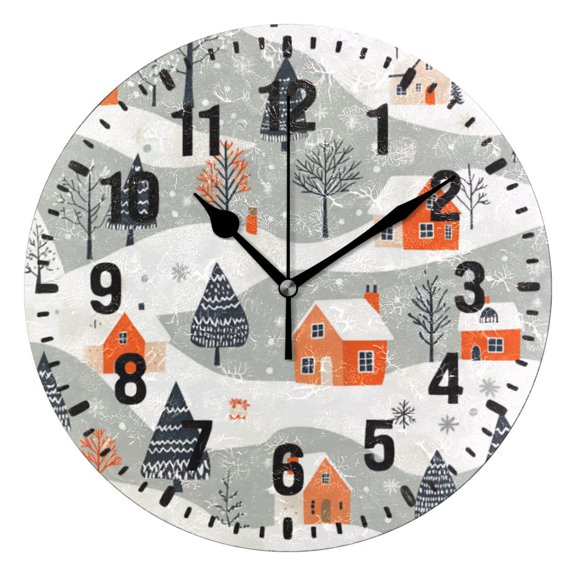 Yayeee 10" Wall Clock Battery Operated Quartz Round Silent Non-Ticking Home Decor,Cartoon Orange Houses