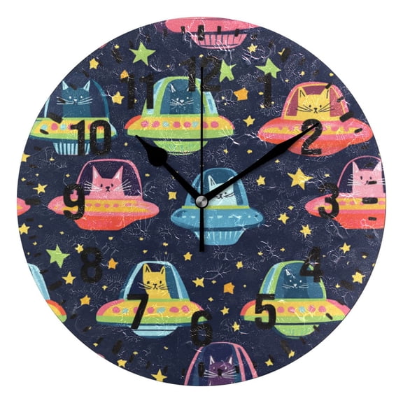 Yayeee 10" Wall Clock Battery Operated Quartz Round Silent Non-Ticking Home Decor, Cartoon Space Cat