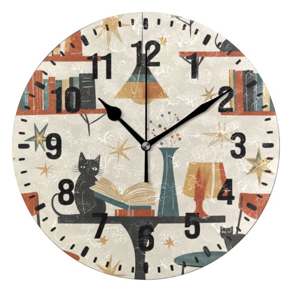Yayeee 10" Wall Clock Battery Operated Quartz Round Silent Non-Ticking Home Decor,Cats Reading Pattern