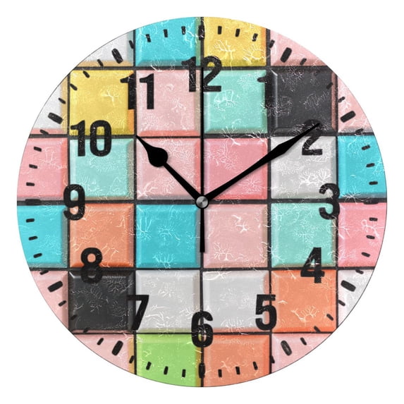Yayeee 10" Wall Clock Battery Operated Quartz Round Silent Non-Ticking Home Decor,Colorful Checkered Pattern