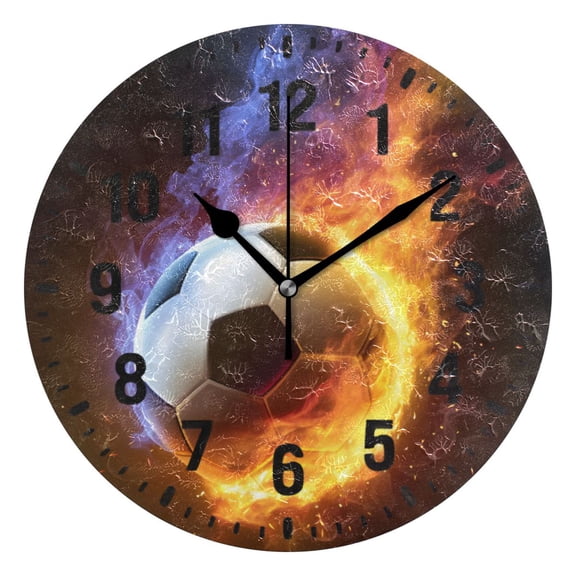 Yayeee 10" Wall Clock Battery Operated Quartz Round Silent Non-Ticking Home Decor, Fire Football Pattern