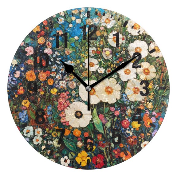 Yayeee 10" Wall Clock Battery Operated Quartz Round Silent Non-Ticking Home Decor, Floral Garden