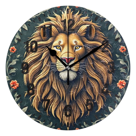 Yayeee 10" Wall Clock Battery Operated Quartz Round Silent Non-Ticking Home Decor, Floral Lion Pattern