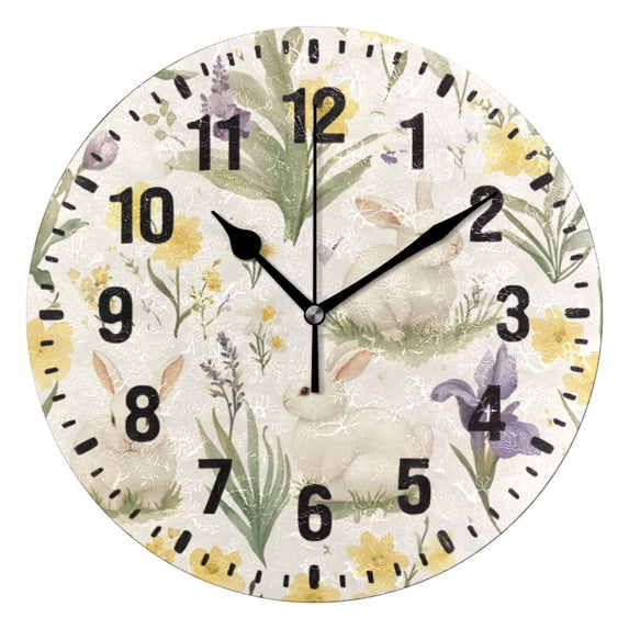 Yayeee 10" Wall Clock Battery Operated Quartz Round Silent Non-Ticking Home Decor, Floral Rabbit