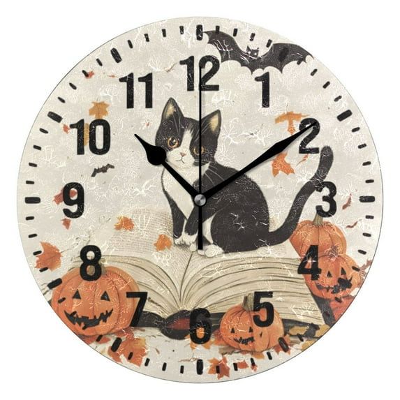 Yayeee 10" Wall Clock Battery Operated Quartz Round Silent Non-Ticking Home Decor,Gray Cartoon Halloween Cat