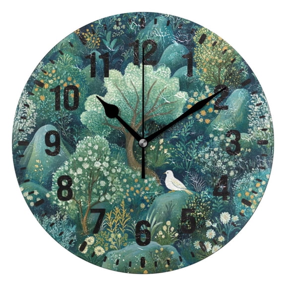 Yayeee 10" Wall Clock Battery Operated Quartz Round Silent Non-Ticking Home Decor, Green Forest Pattern