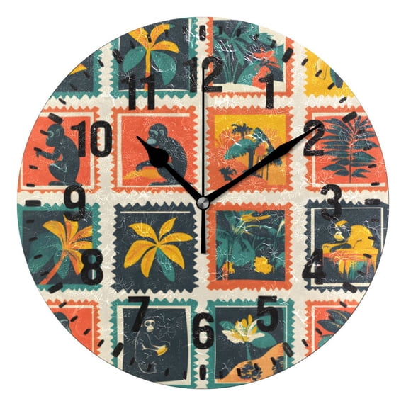 Yayeee 10" Wall Clock Battery Operated Quartz Round Silent Non-Ticking Home Decor, Jungle Stamp