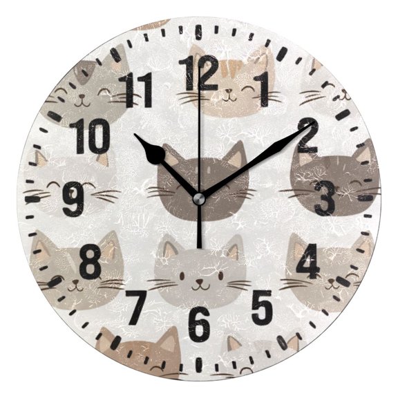 Yayeee 10" Wall Clock Battery Operated Quartz Round Silent Non-Ticking Home Decor,Light Gray Cat Pattern