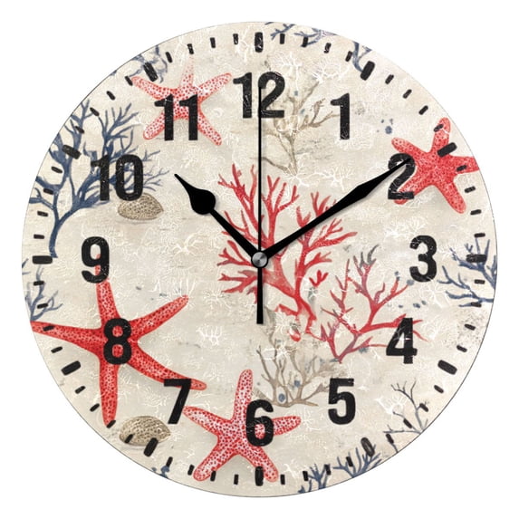 Yayeee 10" Wall Clock Battery Operated Quartz Round Silent Non-Ticking Home Decor, Light Red Starfish