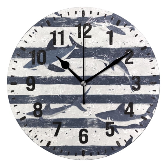 Yayeee 10" Wall Clock Battery Operated Quartz Round Silent Non-Ticking Home Decor, Light Sharks