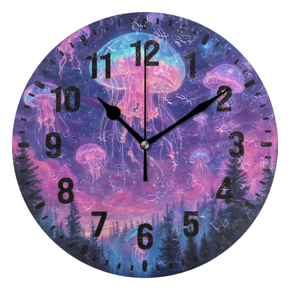 Yayeee 10" Wall Clock Battery Operated Quartz Round Silent Non-Ticking Home Decor, Neon Jellyfish
