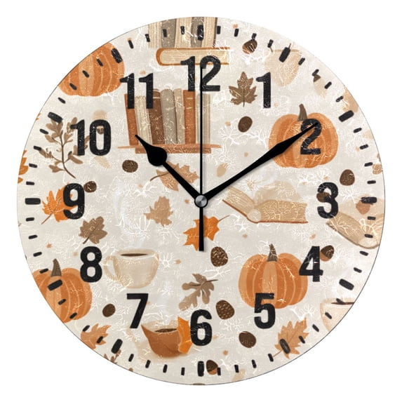 Yayeee 10" Wall Clock Battery Operated Quartz Round Silent Non-Ticking Home Decor, Orange Fall Pumpkin