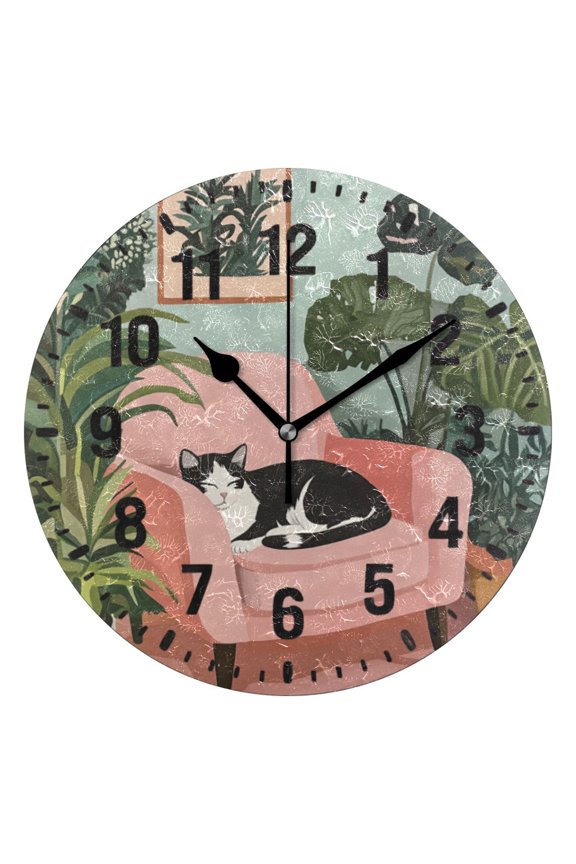10" Wall Clock Battery Operated Quartz Round Silent Non-Ticking Home Decor, Pink Sleeping Cat