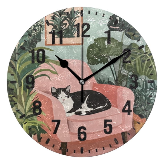 Yayeee 10" Wall Clock Battery Operated Quartz Round Silent Non-Ticking Home Decor, Pink Sleeping Cat