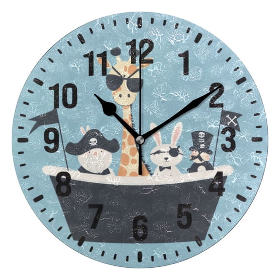 Yayeee 10" Wall Clock Battery Operated Quartz Round Silent Non-Ticking Home Decor, Pirate Animals