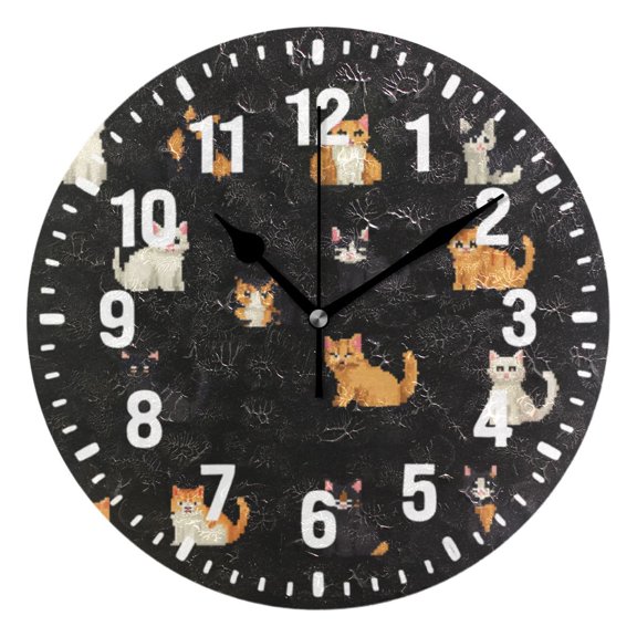 Yayeee 10" Wall Clock Battery Operated Quartz Round Silent Non-Ticking Home Decor,Pixel Cat