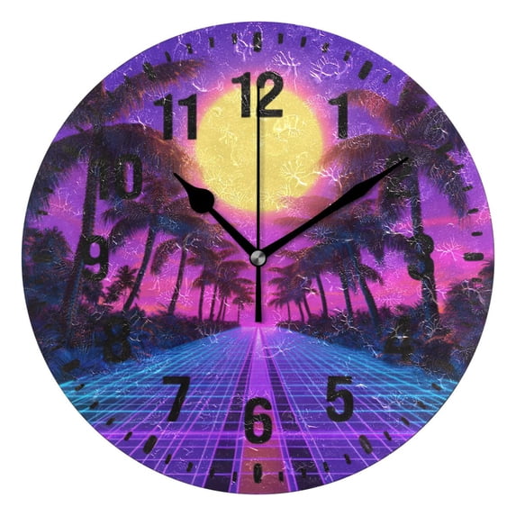 Yayeee 10" Wall Clock Battery Operated Quartz Round Silent Non-Ticking Home Decor, Purple Neon Road