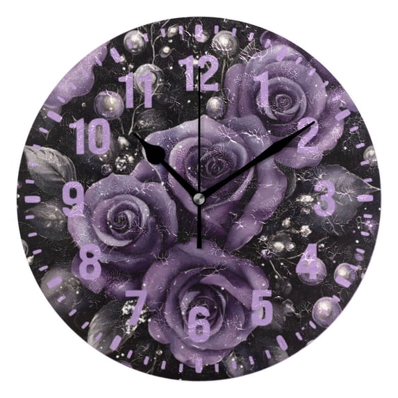 Yayeee 10" Wall Clock Battery Operated Quartz Round Silent Non-Ticking Home Decor, Purple Roses