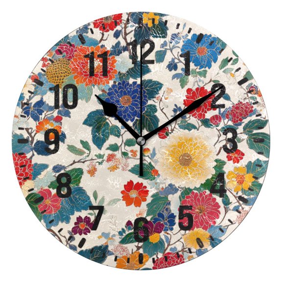 Yayeee 10" Wall Clock Battery Operated Quartz Round Silent Non-Ticking Home Decor,Red Japanese Floral Pattern