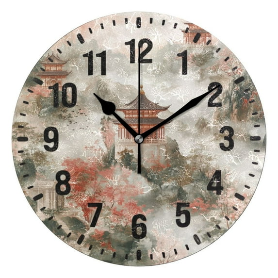 Yayeee 10" Wall Clock Battery Operated Quartz Round Silent Non-Ticking Home Decor, Red Mountain Pattern