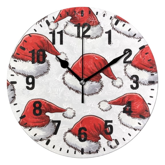 Yayeee 10" Wall Clock Battery Operated Quartz Round Silent Non-Ticking Home Decor, Red Santa Hats Pattern