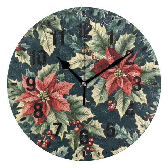 Yayeee 10" Wall Clock Battery Operated Quartz Round Silent Non-Ticking Home Decor, Retro Christmas Poinsettia