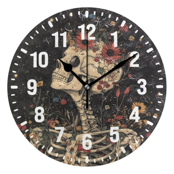 Yayeee 10" Wall Clock Battery Operated Quartz Round Silent Non-Ticking Home Decor,Skeleton with Flowers Pattern
