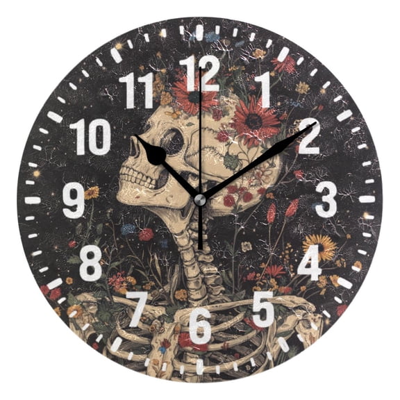 Yayeee 10" Wall Clock Battery Operated Quartz Round Silent Non-Ticking Home Decor, Skeleton with Flowers Pattern